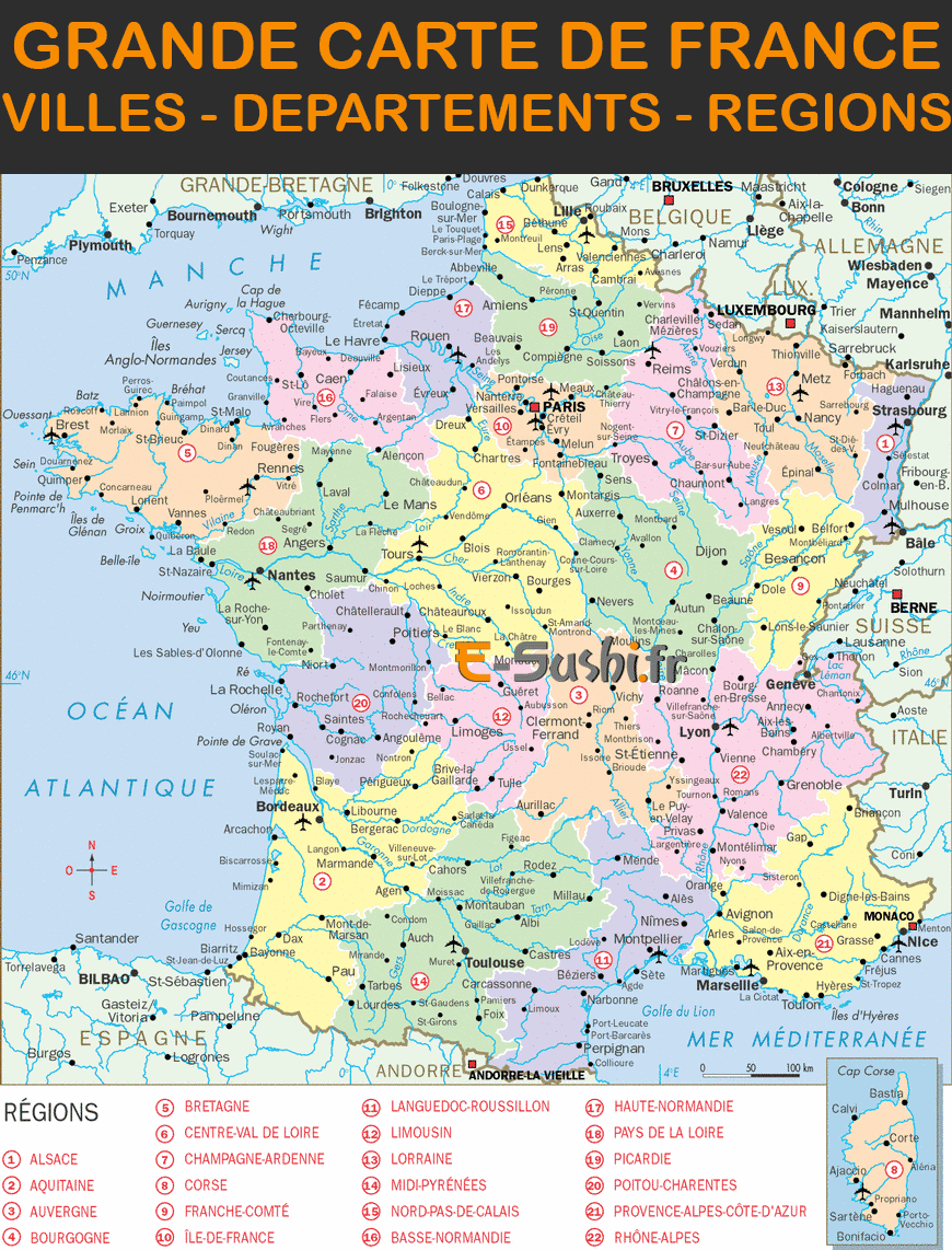 Carte de France - Grand Format avec villes, départements et régions