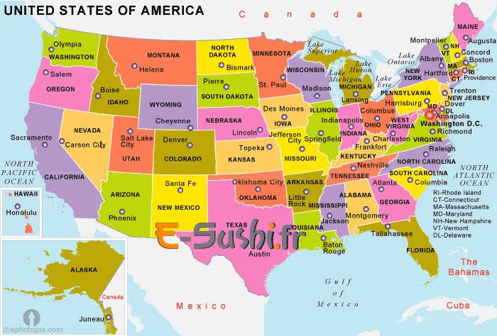 Carte des états-unis et capitales - Map USA en couleur 