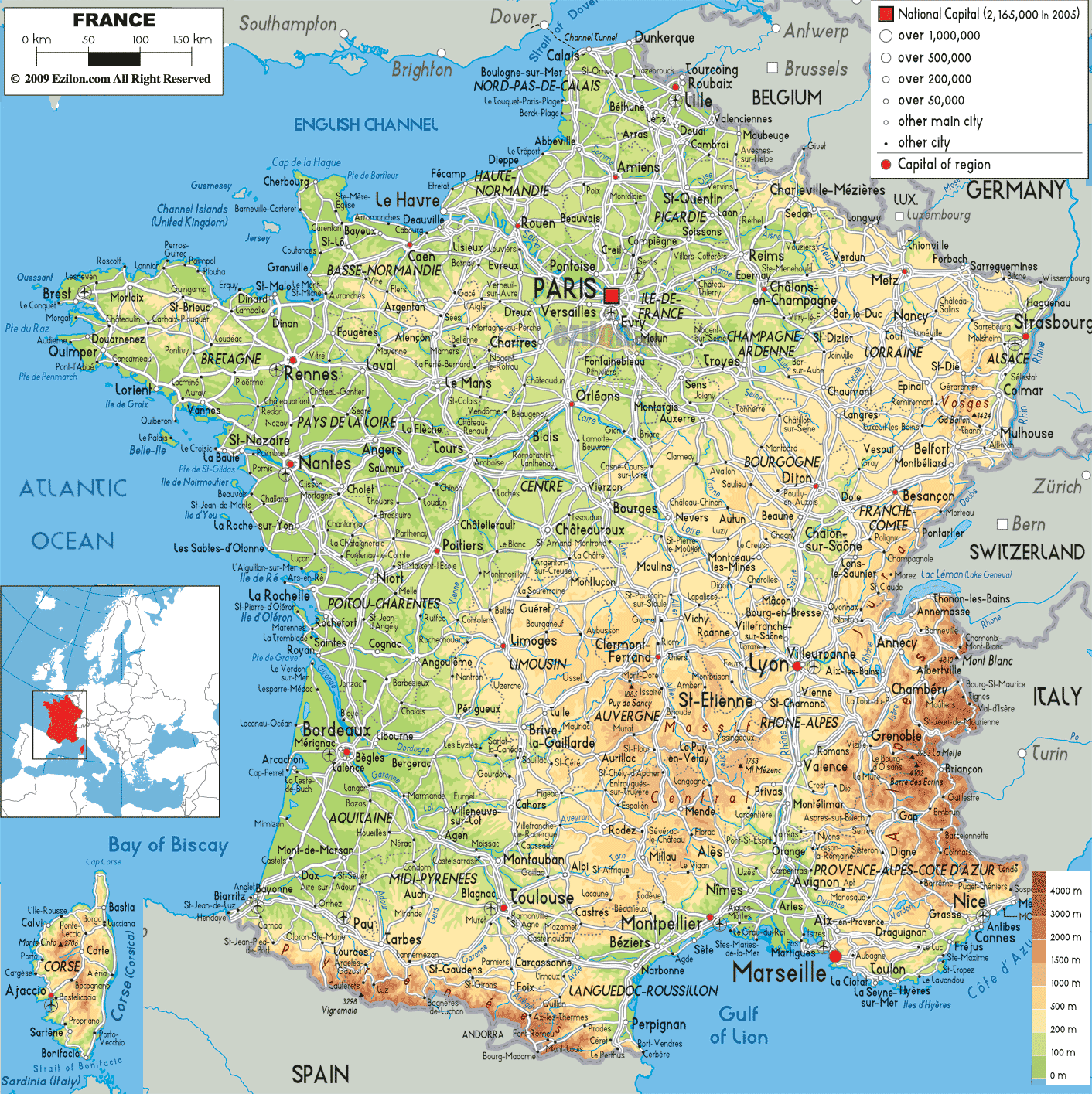 France Map - Physical Map of France
