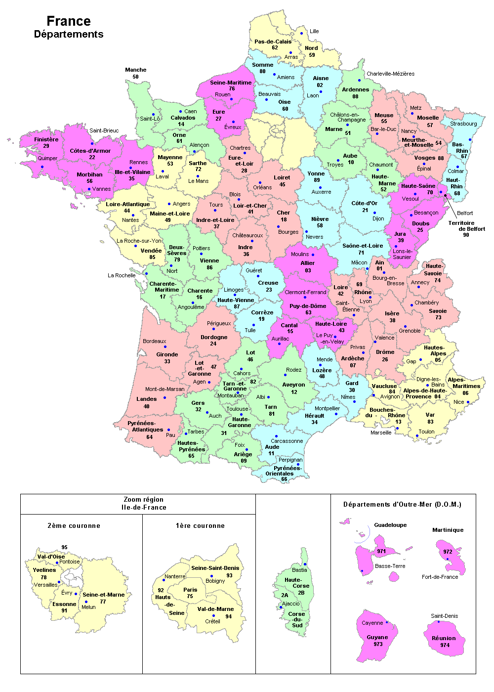 Carte détaillée des départements de France 