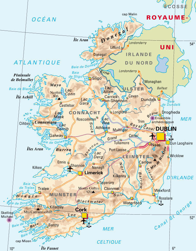Carte des villes et Comtés en Irlande
